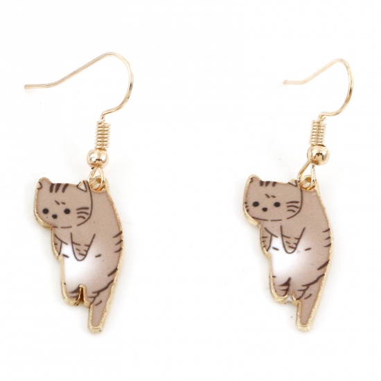 Picture of Cute Earrings Gold Plated Coffee Cat Animal 4.2cm x 1.1cm, 1 Pair