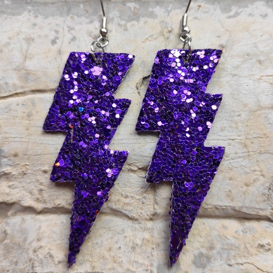 Picture of PU Leather Stylish Earrings Silver Tone Royal Blue Lightning Glitter 8cm, 1 Pair