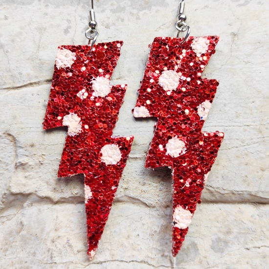 Picture of PU Leather Stylish Earrings Silver Tone White & Red Lightning Glitter 8cm, 1 Pair