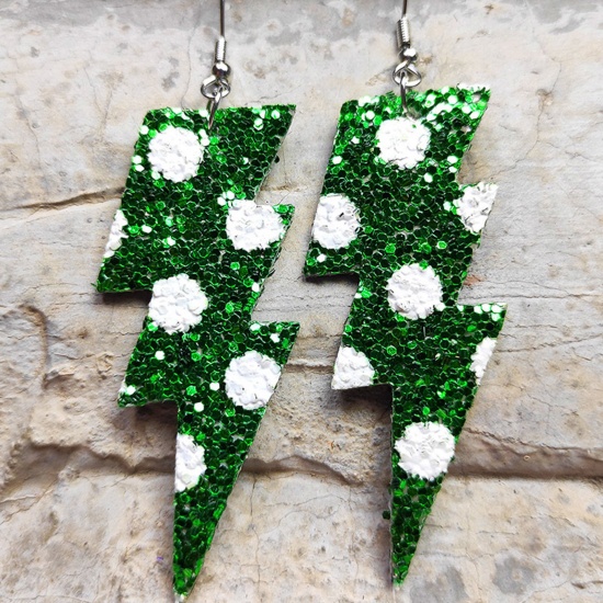 Picture of PU Leather Stylish Earrings Silver Tone White & Green Lightning Glitter 8cm, 1 Pair
