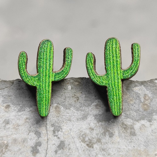 Imagen de Madera Retro Pendientes Verde Cactus 1.5cm, 1 Par