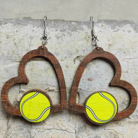 Picture of Wood Sport Earrings Silver Tone Yellow-green Heart Baseball 7.3cm, 1 Pair