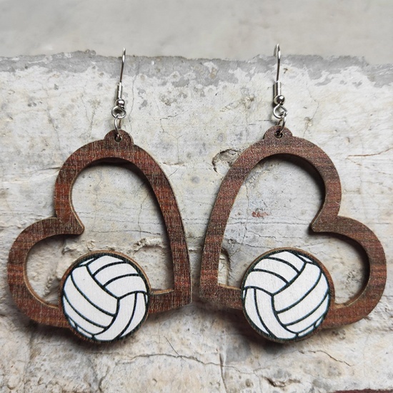Picture of Wood Sport Earrings Silver Tone White Heart Volleyball 7.3cm, 1 Pair