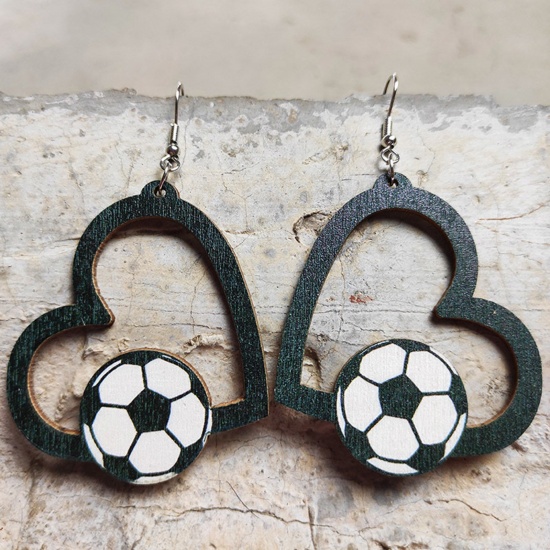 Picture of Wood Sport Earrings Silver Tone Black & White Heart Football 7.3cm, 1 Pair