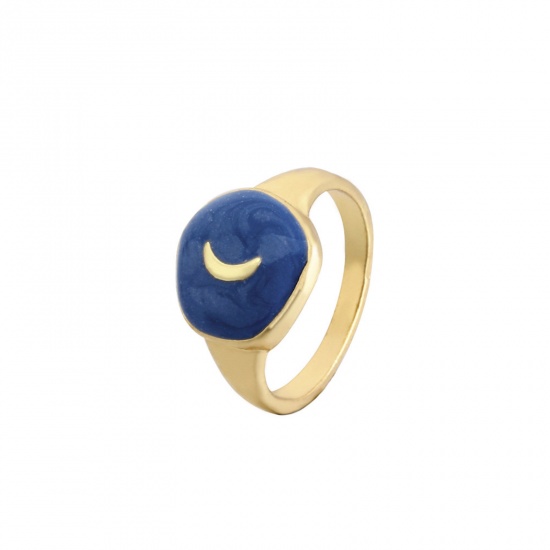 Picture of Galaxy Unadjustable Rings Gold Plated Dark Blue Enamel Round Moon 17mm(US Size 6.5), 1 Piece