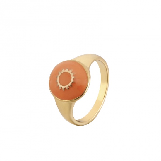 Picture of Galaxy Unadjustable Rings Gold Plated Orange Enamel Round Sun 17mm(US Size 6.5), 1 Piece