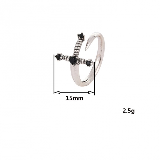 Picture of Gothic Open Rings Antique Silver Color Sword 17mm(US Size 6.5), 1 Piece