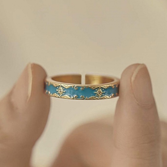 Picture of Style Of Royal Court Character Open Rings Gold Plated Blue Enamel Auspicious clouds 17mm(US Size 6.5), 1 Piece