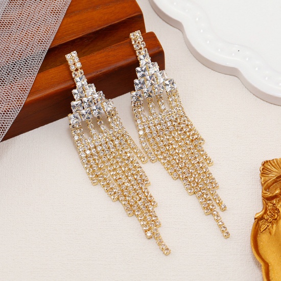Picture of Retro Tassel Earrings Gold Plated Clear Rhinestone 9.2cm x 2cm, 1 Pair