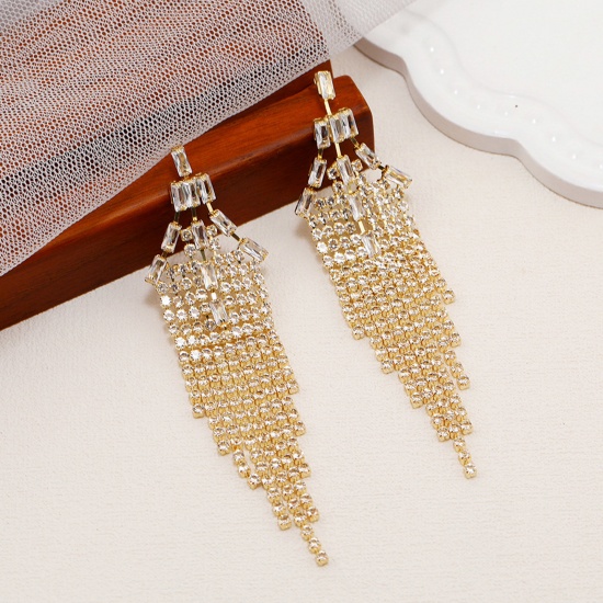 Picture of Retro Tassel Earrings Gold Plated Clear Rhinestone 9.3cm x 2.4cm, 1 Pair