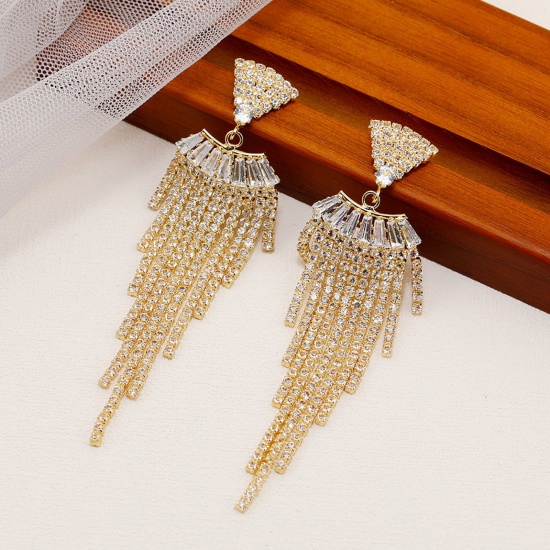 Picture of Retro Tassel Earrings Gold Plated Clear Rhinestone 9.7cm x 2.5cm, 1 Pair