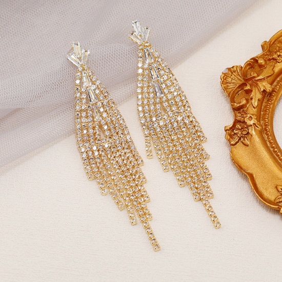 Picture of Retro Tassel Earrings Gold Plated Clear Rhinestone 9cm x 2cm, 1 Pair