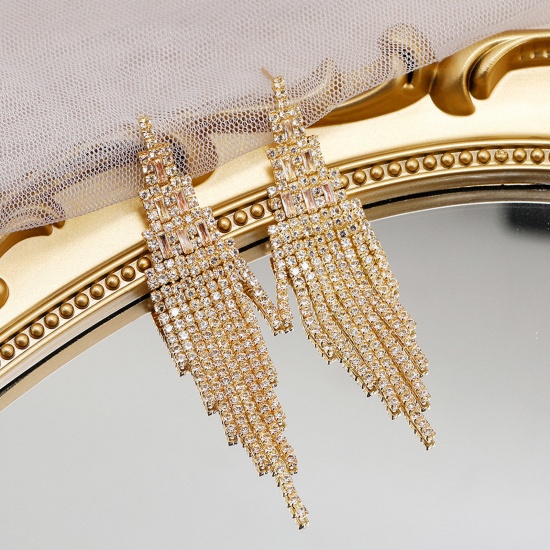 Picture of Retro Tassel Earrings Gold Plated Clear Rhinestone 9cm x 2cm, 1 Pair