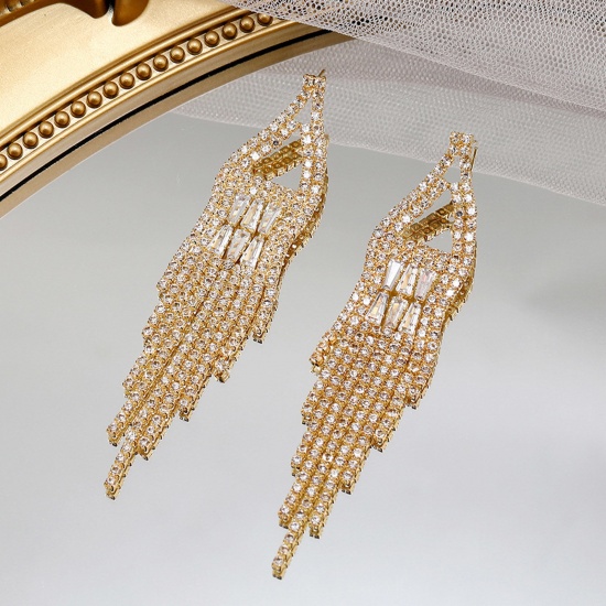 Picture of Retro Tassel Earrings Gold Plated Clear Rhinestone 9.2cm x 2cm, 1 Pair