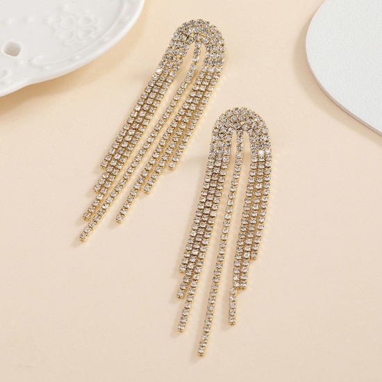 Picture of Retro Tassel Earrings Gold Plated Clear Rhinestone 8.5cm x 1.8cm, 1 Pair