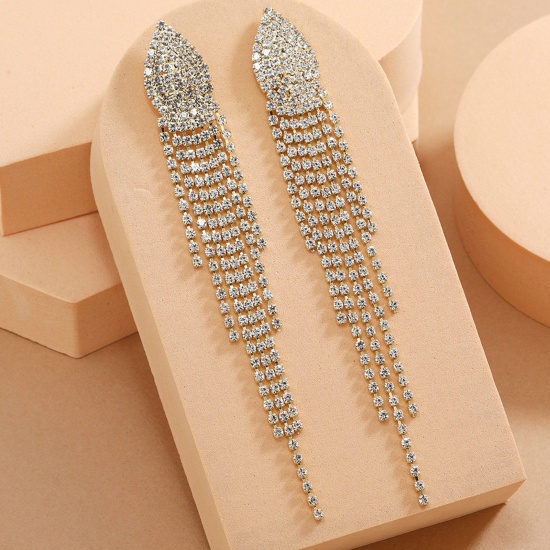 Picture of Retro Tassel Earrings Gold Plated Clear Rhinestone 11.2cm x 1.4cm, 1 Pair