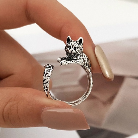 Picture of Gothic Open Wrap Rings Antique Silver Color Cat Animal 17mm(US Size 6.5), 1 Piece