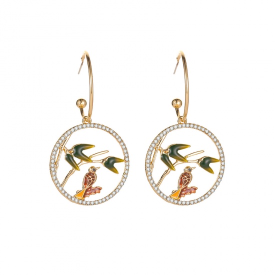 Picture of Retro Earrings Gold Plated Round Bird Hollow Clear Rhinestone 5.5cm x 3cm, 1 Pair