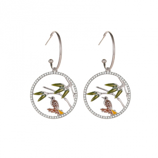 Picture of Retro Earrings Silver Tone Round Bird Hollow Clear Rhinestone 5.5cm x 3cm, 1 Pair