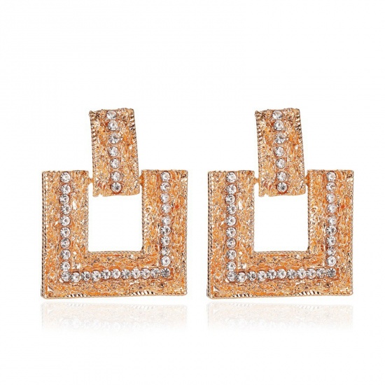 Picture of Retro Earrings Gold Plated Square Hollow Clear Rhinestone 3.8cm x 3cm, 1 Pair