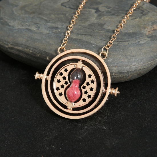 Picture of Retro Pendant Necklace Gold Plated Red Hourglass Round Rotatable 50cm(19 5/8") long, 1 Piece
