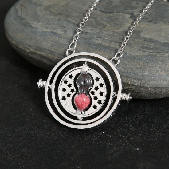 Picture of Retro Pendant Necklace Silver Tone Red Hourglass Round Rotatable 50cm(19 5/8") long, 1 Piece