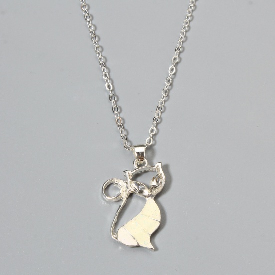 Picture of Stylish Pendant Necklace Silver Tone White Cat Animal Imitation Opal 52cm(20 4/8") long, 1 Piece