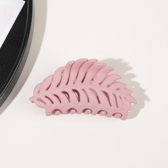 Picture of ABS Stylish Hair Claw Clips Clamps Korea Pink Leaf Frosted 9.5cm x 4cm, 1 Piece