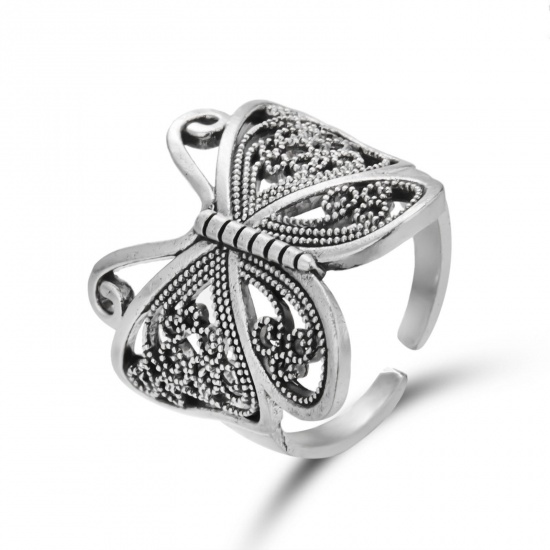 Picture of Retro Open Adjustable Rings Antique Silver Color Hollow Butterfly Animal 18mm(US Size 7.75), 1 Piece