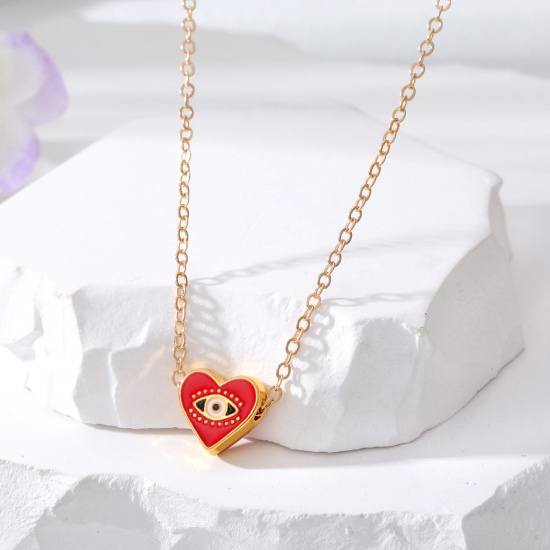 Picture of Valentine's Day Pendant Necklace Gold Plated Red Heart Evil Eye Enamel 50cm(19 5/8") long, 1 Piece