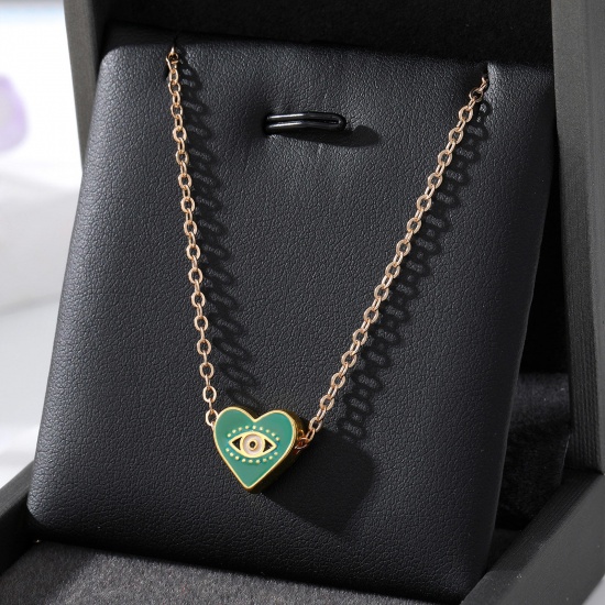 Picture of Valentine's Day Pendant Necklace Gold Plated Green Heart Evil Eye Enamel 50cm(19 5/8") long, 1 Piece