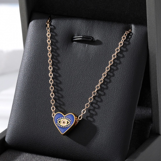 Picture of Valentine's Day Pendant Necklace Gold Plated Dark Blue Heart Evil Eye Enamel 50cm(19 5/8") long, 1 Piece