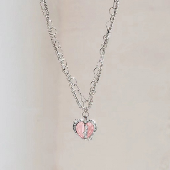 Immagine di San Valentino Multistrato Collana Tono Argento Cuore Spezzato Rosa Cubic Zirconiae lunghezza: 40cm, 1 Pz