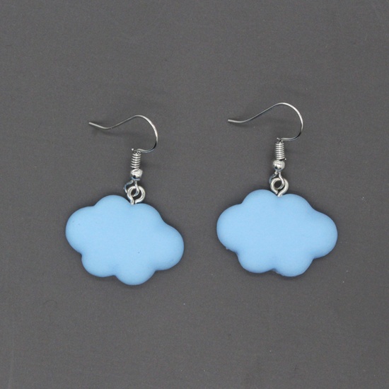 Image de Boucles d'Oreilles Mignon en Résine Argent Mat Bleu Ciel Nuage 3.8cm x 2.6cm, 1 Paire