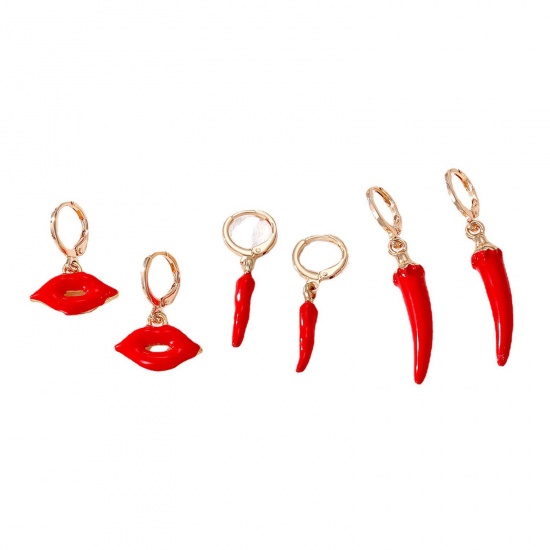 Picture of Stylish Earrings Gold Plated Red Chili Lip Enamel 2.7cm - 4.4cm long, 1 Set ( 3 Pairs/Set)