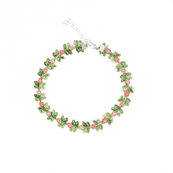 Picture of Lace Stylish Choker Necklace Red & Green Flower Leaves 29cm(11 3/8") long, 1 Piece