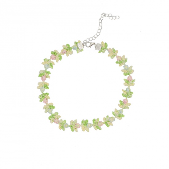 Picture of Lace Stylish Choker Necklace Pale Yellow & Green Flower Leaves 29cm(11 3/8") long, 1 Piece