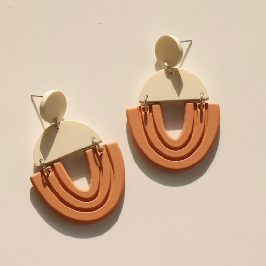 Picture of Acrylic Stylish & Casual Earrings Brown Half Round Hollow 6cm, 1 Pair