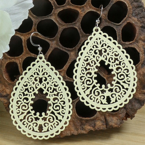 Picture of Filigree Stamping Earrings Creamy-White Drop Filigree Painted 6.5cm x 4cm, 1 Pair