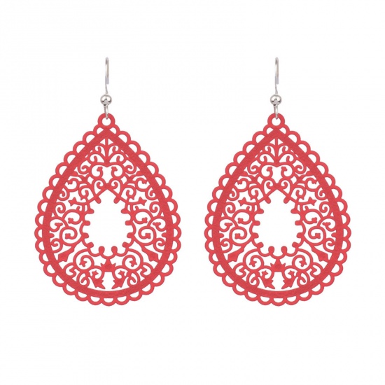 Picture of Filigree Stamping Earrings Red Drop Filigree Painted 6.5cm x 4cm, 1 Pair