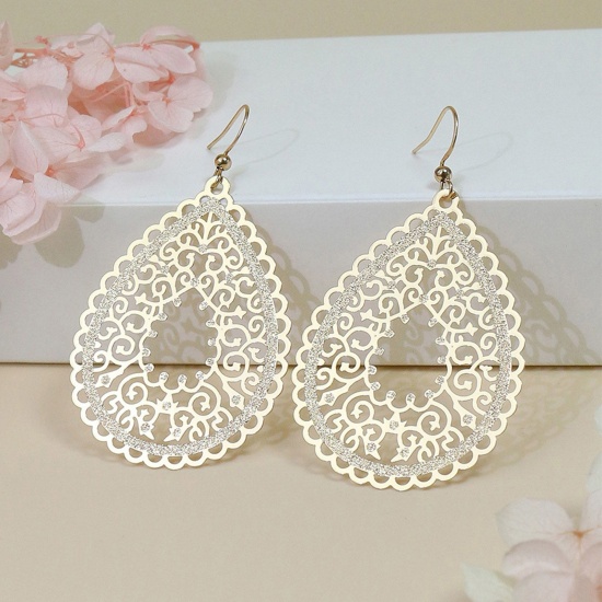 Picture of Filigree Stamping Earrings Golden Drop Filigree Painted 6.5cm x 4cm, 1 Pair
