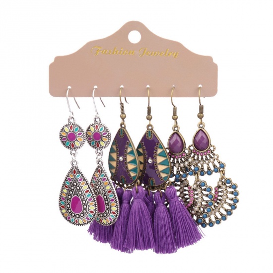 Picture of Ethnic Earrings Purple Tassel Drop 6cm - 8cm, 1 Set ( 3 Pairs/Set)