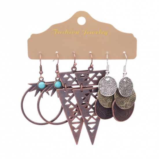 Picture of Ethnic Earrings Bronzed Triangle Round 6cm - 7cm, 1 Set ( 3 Pairs/Set)