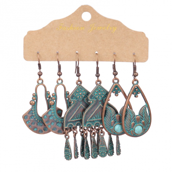 Picture of Ethnic Earrings Bronzed Tassel Drop 6cm - 7.2cm, 1 Set ( 3 Pairs/Set)