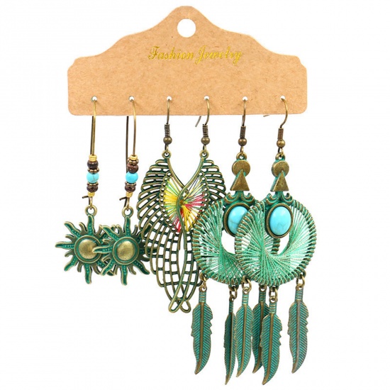 Picture of Ethnic Earrings Green Dream Catcher 6cm - 9.8cm, 1 Set ( 3 Pairs/Set)
