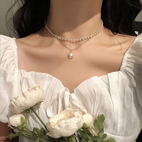 Picture of Ins Style Multilayer Layered Necklace Gold Plated Round Imitation Pearl 40cm(15 6/8") long, 1 Piece