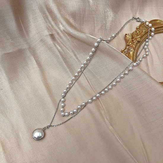 Immagine di Stile Ins Multistrato Collana Tono Argento Tondo Imitata Perla lunghezza: 40cm, 1 Pz