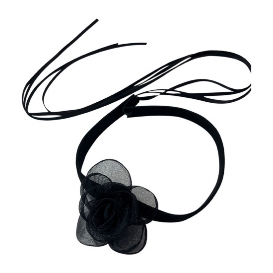 Picture of Gauze Japanese Style Lacing Ribbon Choker Necklace Black Flower 35cm(13 6/8") long, 1 Piece