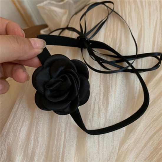 Picture of Velvet Japanese Style Lacing Ribbon Choker Necklace Black Flower 35cm(13 6/8") long, 1 Piece