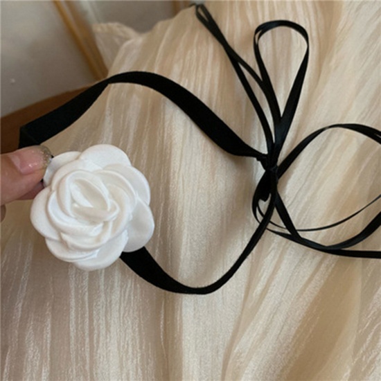 Picture of Velvet Japanese Style Lacing Ribbon Choker Necklace White Flower 35cm(13 6/8") long, 1 Piece